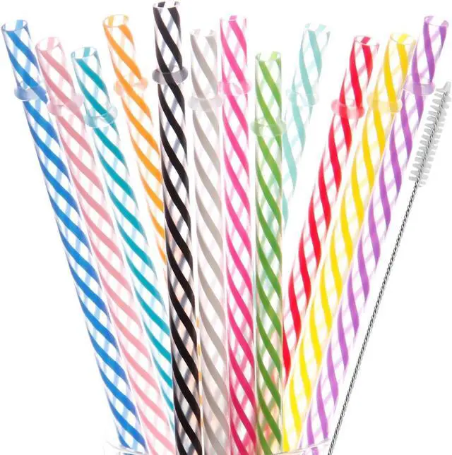 Main image of Dakoufish 12 Piece 8 Inch Reusable Plastic Thick Drinking Straws BPA Free Mason Jar Straws Transparent Small Stripe (8inch, Mix 12color)