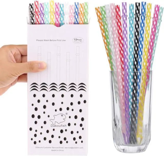 Alt view image 6 of 7 - Dakoufish 12 Piece 8 Inch Reusable Plastic Thick Drinking Straws BPA Free Mason Jar Straws Transparent Small Stripe (8inch, Mix 12color)