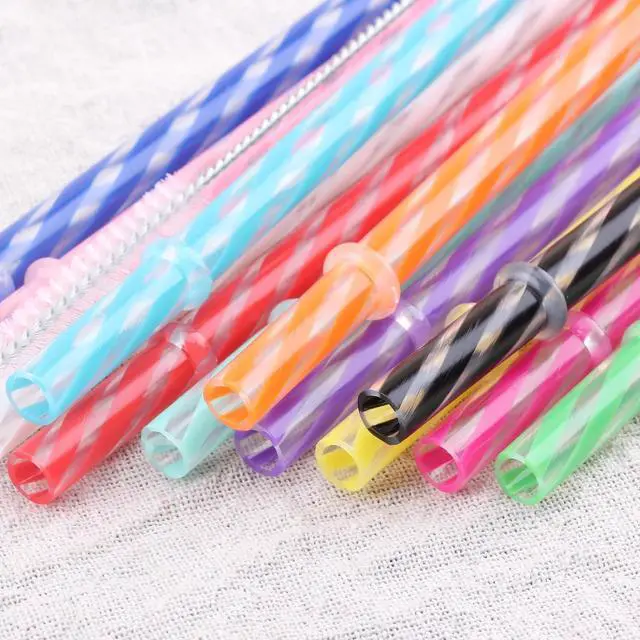 Alt view image 7 of 7 - Dakoufish 12 Piece 8 Inch Reusable Plastic Thick Drinking Straws BPA Free Mason Jar Straws Transparent Small Stripe (8inch, Mix 12color)