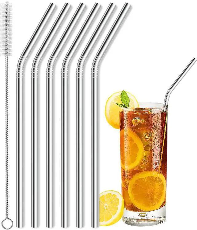 Main image of Besteek Home 6 Pcs Reusable Stainless Steel Metal Straws & Cleaning Brush | 10.23'' Bent Metal Straws for 30 oz & 24 & 20 oz Tumblers Cups Mugs Cold Beverage Dishwasher Safe