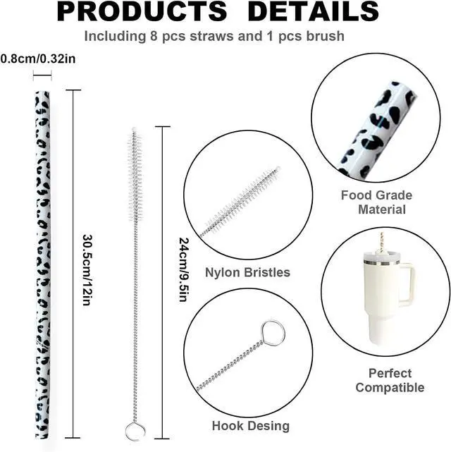 Alt view image 2 of 7 - UWAYEXRA 40oz Replacement Straws 8 Pack | Tumbler Leopard Straws, Cheetah Iced Coffee 12 Inches Extra Long Drinking Reusable, WM-2307-3