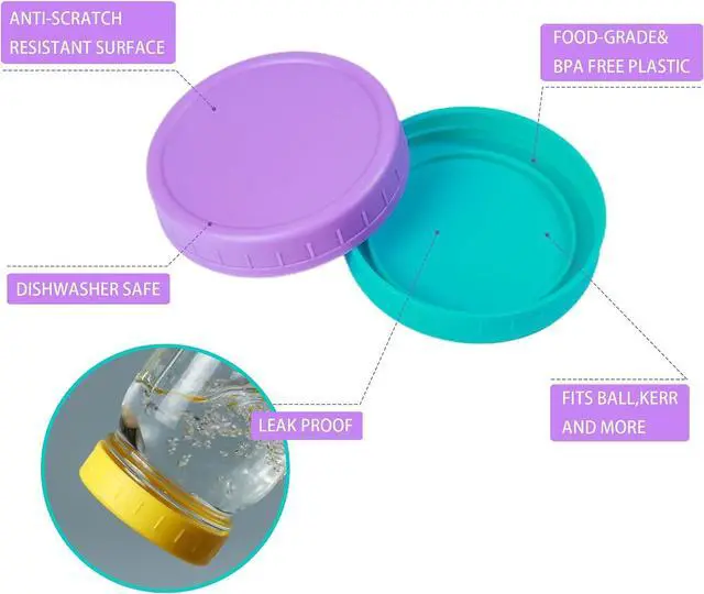 Alt view image 2 of 6 - Bedgeta 22 Pack Plastic Mason Jar Lids, 11 Wide Mouth & 11 Regular Mouth with Silicone Rings,Thickened Leak-proof Lids Fit Ball,Kerr and More, 86mm & 70mm(Multicolored)