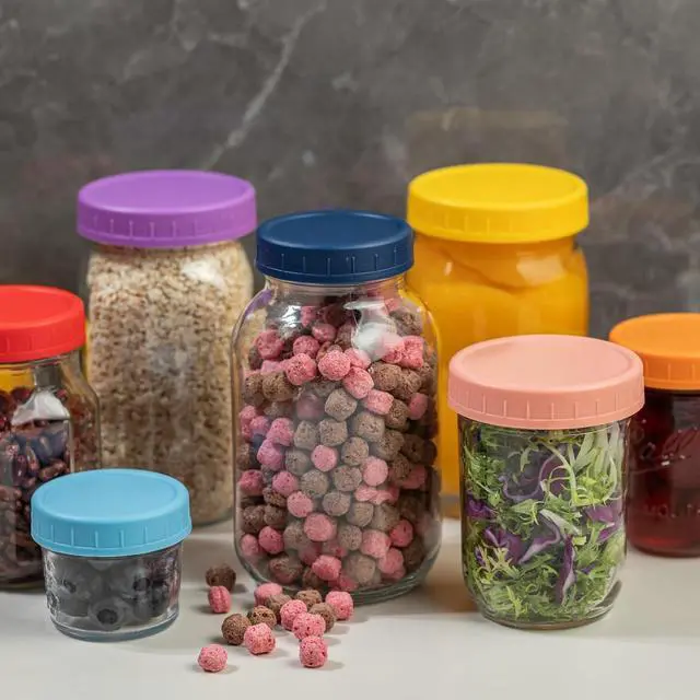 Alt view image 3 of 6 - Bedgeta 22 Pack Plastic Mason Jar Lids, 11 Wide Mouth & 11 Regular Mouth with Silicone Rings,Thickened Leak-proof Lids Fit Ball,Kerr and More, 86mm & 70mm(Multicolored)