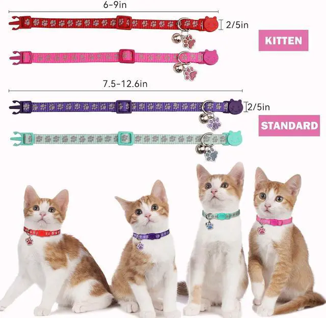 Alt view image 5 of 7 - 4PCS Breakaway Cat Collars,Reflective Cat Collar with Bells,Kitten Collars for Boy&Girl Cats Breakaway Collar for Cats with Paw Pendant 7.5-12.6 Inch(Purple+Hotpink+Red+Teal)