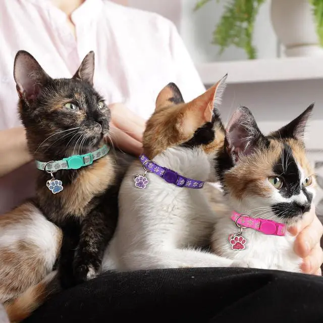 Alt view image 6 of 7 - 4PCS Breakaway Cat Collars,Reflective Cat Collar with Bells,Kitten Collars for Boy&Girl Cats Breakaway Collar for Cats with Paw Pendant 7.5-12.6 Inch(Purple+Hotpink+Red+Teal)
