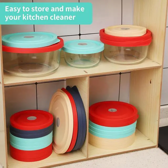 Alt view image 6 of 7 - Replacement Lids for Pyrex 7201-PC 4 Cup, Silicone Round Storage Cover Lid for Anchor Hocking Glass Bowl 4 Pack with Date Mark Turquoise