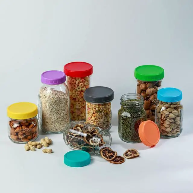Alt view image 6 of 6 - Bedgeta 12 Wide Mouth Mason Jar Lids with Silicone Ring,Thickened Leak-proof Lids Fit Ball,Kerr and More, Canning Lids, 86mm Plastic Mason Jar Lids