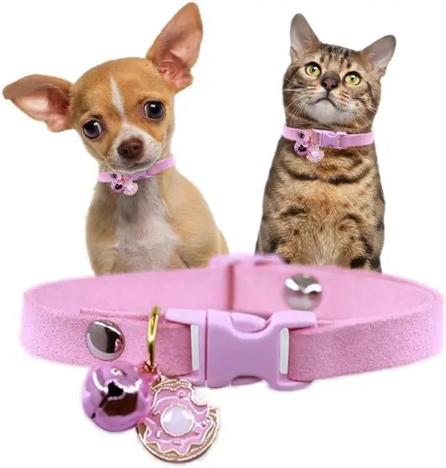 Main image of XXS Dog Collar with Bell Pretty Girl Kitten Collar with Bells, Pink | Pretty Pendant, Removed Bell, Soft Suede, Durable, For XXS Xs Tiny Pet Little Female Dogs & Cats, No leash attachment loop