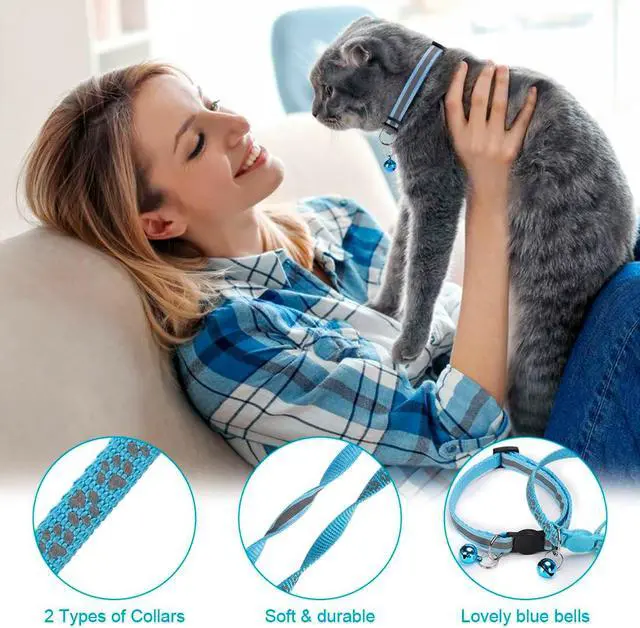 Alt view image 2 of 6 - 2 Pack Reflective Breakaway Cat Collars with Bells 7-12 Inch Blue | Reflective, breakaway buckle, bells included, 7-12 inch adjustable fit, nylon material, blue, 2 pack
