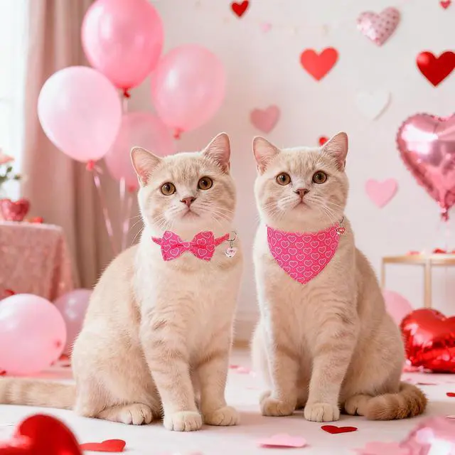 Alt view image 2 of 7 - SCENEREAL Valentine's Day Cat Bandana Collars with Bell Bowtie - 2 Pack Breakaway Pink Kitten Collars, Adjustable Cute Love Heart Pet Accessories for Cats Small Dogs