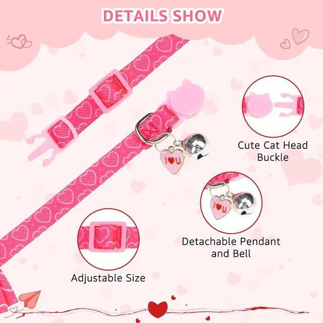 Alt view image 5 of 7 - SCENEREAL Valentine's Day Cat Bandana Collars with Bell Bowtie - 2 Pack Breakaway Pink Kitten Collars, Adjustable Cute Love Heart Pet Accessories for Cats Small Dogs