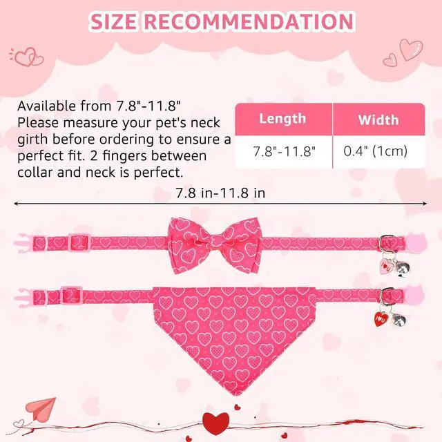 Alt view image 7 of 7 - SCENEREAL Valentine's Day Cat Bandana Collars with Bell Bowtie - 2 Pack Breakaway Pink Kitten Collars, Adjustable Cute Love Heart Pet Accessories for Cats Small Dogs