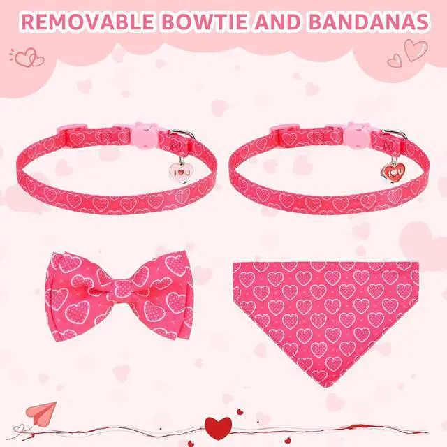 Alt view image 6 of 7 - SCENEREAL Valentine's Day Cat Bandana Collars with Bell Bowtie - 2 Pack Breakaway Pink Kitten Collars, Adjustable Cute Love Heart Pet Accessories for Cats Small Dogs