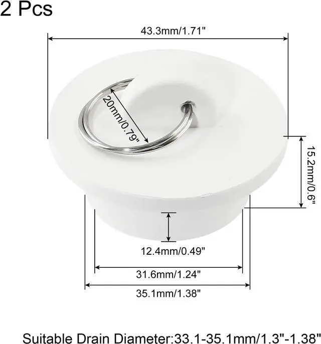 Alt view image 2 of 5 - 2Pcs White Rubber Drain Stoppers, 1-3/8 Inch | Rubber Sink Plug Sink Stopper Drain Plug, Hanging Ring, Kitchen Laundry Bathroom Bathtub, Fits 33.1-35.1mm
