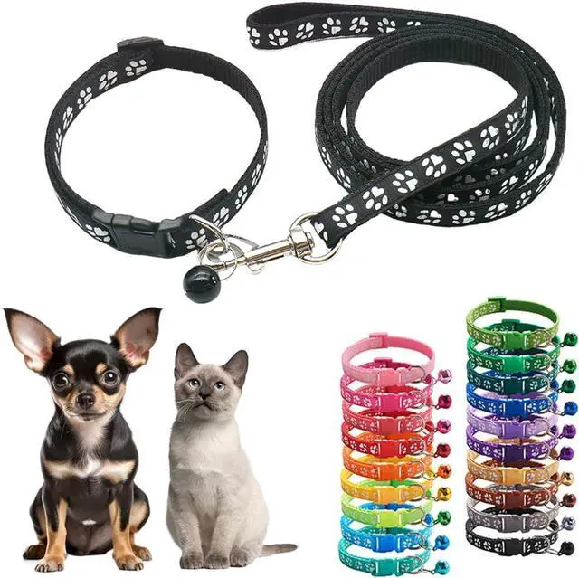 Main image of XXS Dog Collar and Leash Set with Bell,Black Nylon Paw Cat Collar Girl Female Cute Fancy Puppy Collar with Bells for XXS XS Tiny Little Kitten Boys Pet Dogs,Neck 7-12 Inch
