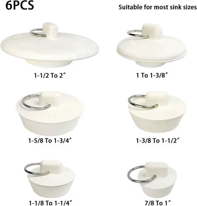 Alt view image 4 of 7 - 6 Pack Drain Stopper, Rubber Sink Stopper with Pull Ring, 6 Sizes Kitchen Sink Drain Plug, Bathtub Drain Stopper for Bathroom, Laundry Sink, Shower, Pool, Water Seal Plug White