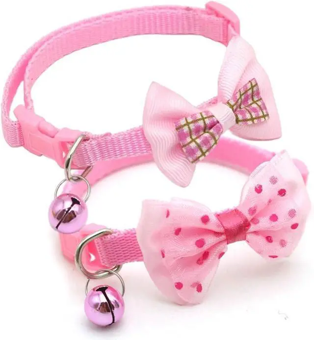 Main image of Small Dog Collar with Bell & Bow 2-Pack Bowtie Cat Collar with Bells Pink | With Sturdy Bowtie, Removable Bell, Adjustable For XXS Xs Small Female Pet Dogs & Girl Cats Kitten