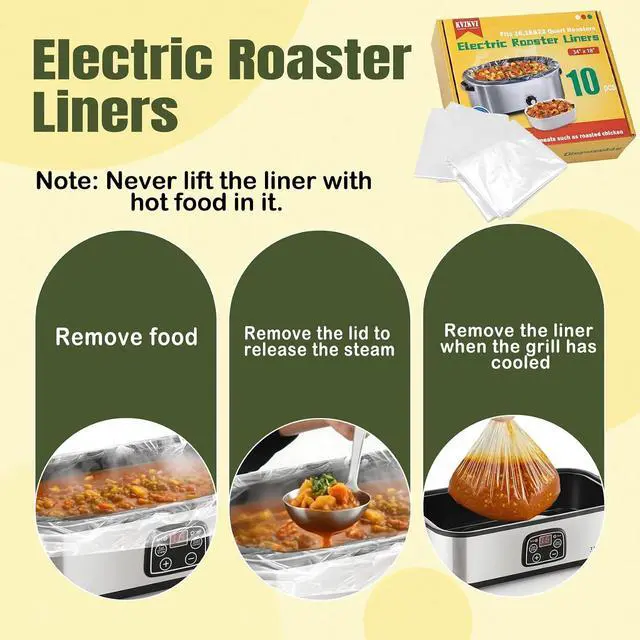 Alt view image 5 of 7 - 10 Count Electric Roaster Liners, 34" × 18", Fits 16, 18, and 22 Quart | 34" × 18" Roaster Liners Disposable, Up to 350° F, Not Suitable for Baking, Food Grade Nylon Roaster Liners