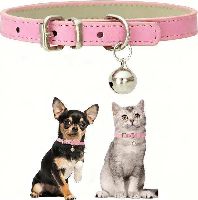 Main image of Pink Xs Dog Collar with Bell,Cat Collar with Bell | Pu Leather Puppy Collar Adjustable Buckle For Xxs Extra Small Medium Tiny Boys Pets Puppy Kitten Yorkie Chihuahua Xxsmall