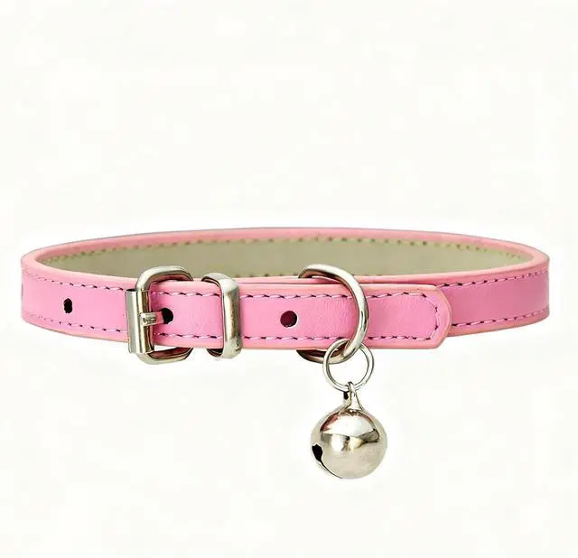 Alt view image 5 of 6 - Pink Xs Dog Collar with Bell,Cat Collar with Bell | Pu Leather Puppy Collar Adjustable Buckle For Xxs Extra Small Medium Tiny Boys Pets Puppy Kitten Yorkie Chihuahua Xxsmall