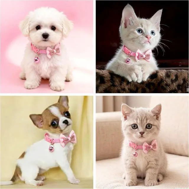 Alt view image 2 of 6 - Dog Collars for Small Dogs with Bell, Cat Collar with Bells, Pink XS XXS | Bowtie Small Dog Collar With Bell, Girl Puppy Collar For XXS XS Tiny Pet Female Dogs, Neck 7-12Inch