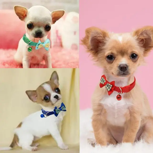 Alt view image 2 of 4 - Small Dog Collar with Bell & Bow 2-Pack Bowtie Cat Collar with Bells Pink | With Sturdy Bowtie, Removable Bell, Adjustable For XXS Xs Small Female Pet Dogs & Girl Cats Kitten