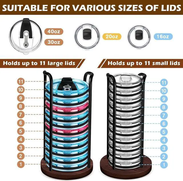 Alt view image 4 of 7 - 2PC Tumbler Lid Organizer, Detachable Yeti Lid Organizer Hold Up To 22 Lids | Suitable for Simple Modern Tumbler/Yeti Tumbler/Mason Jar LidsFit Perfectly, Stackable SteadyWalnut-Colored Base