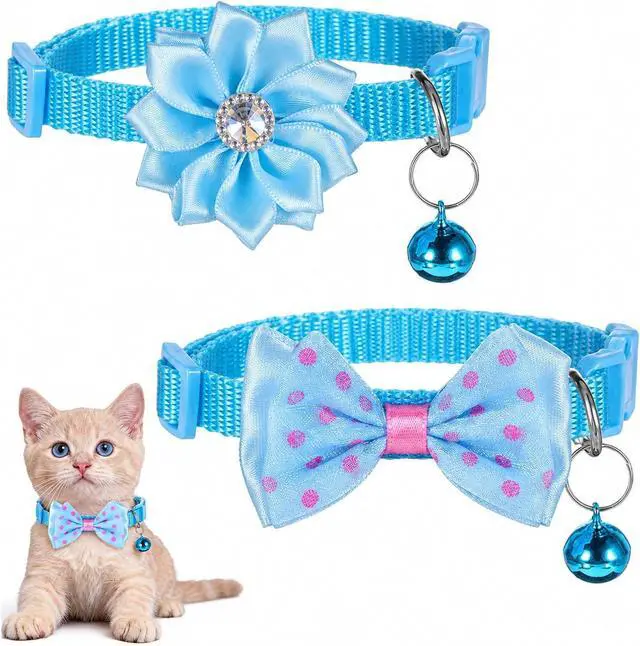 Main image of 2 Pcs XXSmall Dog Collar with Bell, Blue Bow Extra Small Collar Lightweight XXS Cute Girl Kitten Collars Adjustable Dogs Collars with Bowtie for Small Puppy Kitten Pets Indoor Outdoor Decoration