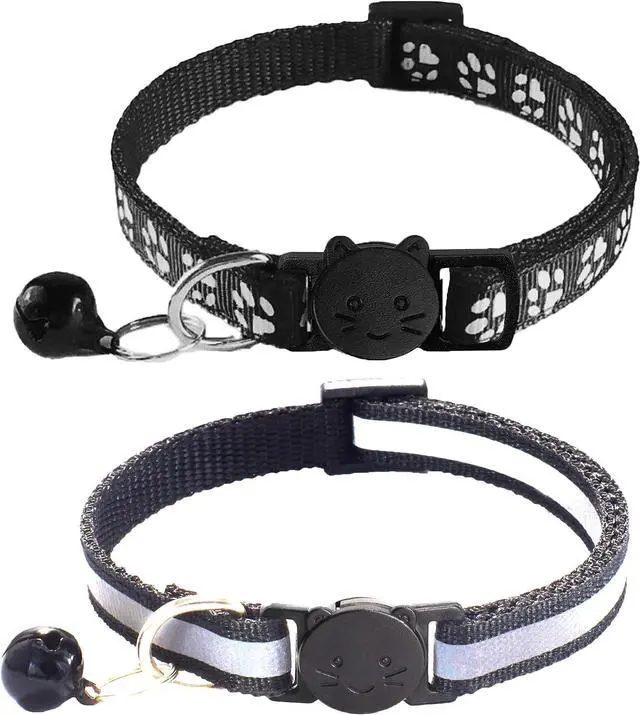 Main image of 2 Pack Breakaway Cat Collars with Bells, Reflective Design and Claw Print Design, Safety Buckle Kitten Collars Adjustable from 7.5 to 12.5 Inches (Black)