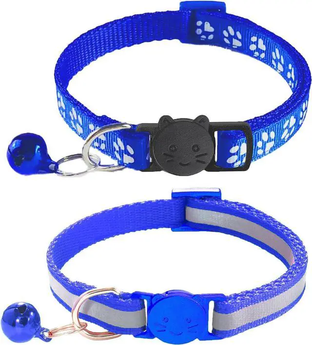 Main image of 2 Pack Breakaway Cat Collars with Bells, Reflective Design and Claw Print Design, Safety Buckle Kitten Collars Adjustable from 7.5 to 12.5 Inches (Navy Blue)