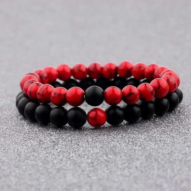 Alt view image 4 of 7 - CNLQ Long Distance Bracelets For Lovers Couples Matching Gift Matte Agate 8mm Bead Stone (Elastic Red)