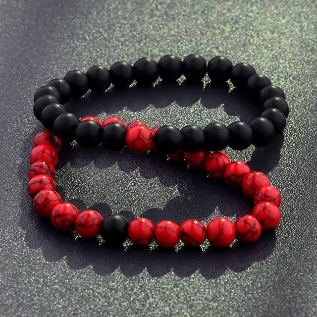 Alt view image 5 of 7 - CNLQ Long Distance Bracelets For Lovers Couples Matching Gift Matte Agate 8mm Bead Stone (Elastic Red)