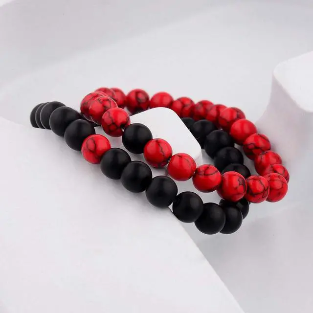 Alt view image 7 of 7 - CNLQ Long Distance Bracelets For Lovers Couples Matching Gift Matte Agate 8mm Bead Stone (Elastic Red)