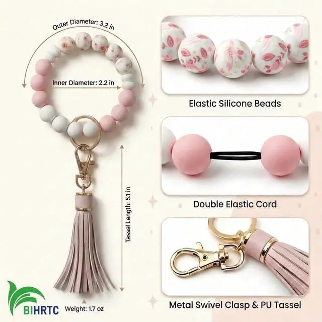 Alt view image 2 of 6 - BIHRTC Key Ring Bracelet Car Keychain Holder Wristlet Silicone Women Beaded Bangle Chains