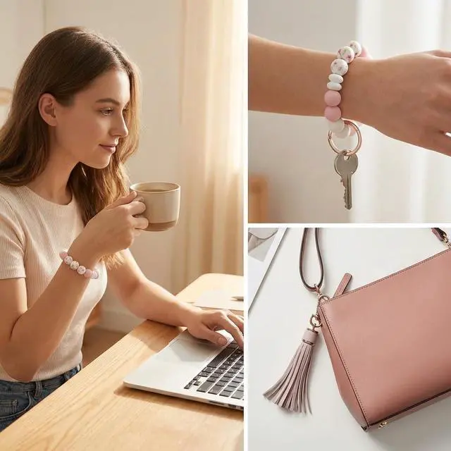 Alt view image 6 of 6 - BIHRTC Key Ring Bracelet Car Keychain Holder Wristlet Silicone Women Beaded Bangle Chains
