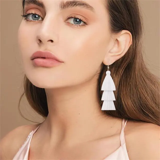 Alt view image 3 of 5 - 3 Tier Layered Colorful Tassel Earrings Bohemian Big Dangle Drop Fashion Jewelry Earrings for Women Valentine Birthday Party.
