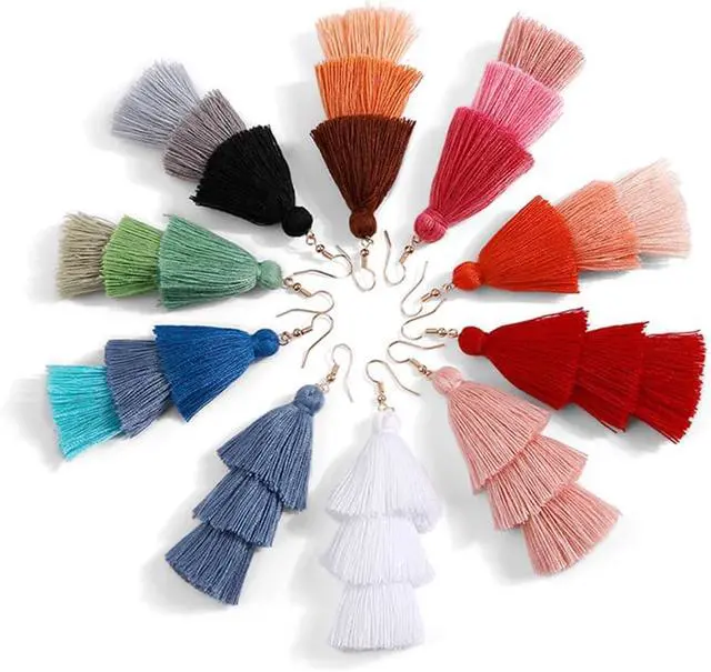 Alt view image 5 of 5 - 3 Tier Layered Colorful Tassel Earrings Bohemian Big Dangle Drop Fashion Jewelry Earrings for Women Valentine Birthday Party.
