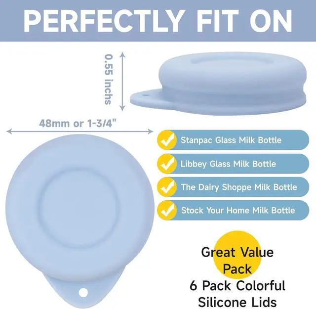 Alt view image 2 of 7 - 6 Pack Silicone Glass Bottle Replacement Caps, 48mm Diameter Bottle Lids Fit Stanpac & Libbey & Stock Your Home & The Dairy Shoppe Milk Glass Bottles. Reusable and Airtight Bottle Caps