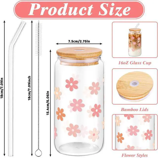 Alt view image 2 of 7 - Cute Glass Cups with Lids and Straws, Daisy Flower Cup for Iced Coffee | 16 oz Matcha Cup Birthday Gifts for Women Aesthetic Tumbler for Coffee Lover Girls Teen Gifts Trendy Stuff Thanksgiving Gift