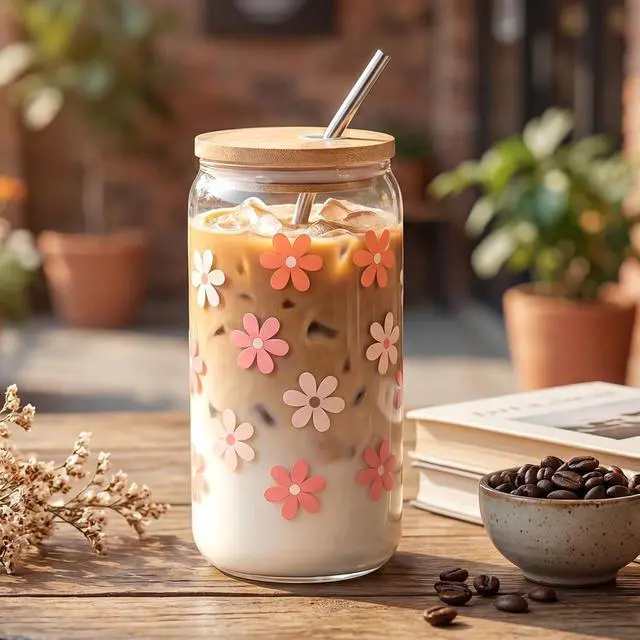 Alt view image 3 of 7 - Cute Glass Cups with Lids and Straws, Daisy Flower Cup for Iced Coffee | 16 oz Matcha Cup Birthday Gifts for Women Aesthetic Tumbler for Coffee Lover Girls Teen Gifts Trendy Stuff Thanksgiving Gift