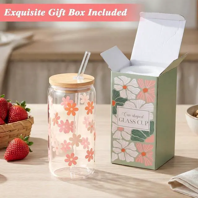 Alt view image 5 of 7 - Cute Glass Cups with Lids and Straws, Daisy Flower Cup for Iced Coffee | 16 oz Matcha Cup Birthday Gifts for Women Aesthetic Tumbler for Coffee Lover Girls Teen Gifts Trendy Stuff Thanksgiving Gift