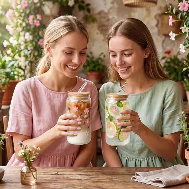 Alt view image 6 of 7 - Cute Glass Cups with Lids and Straws, Daisy Flower Cup for Iced Coffee | 16 oz Matcha Cup Birthday Gifts for Women Aesthetic Tumbler for Coffee Lover Girls Teen Gifts Trendy Stuff Thanksgiving Gift