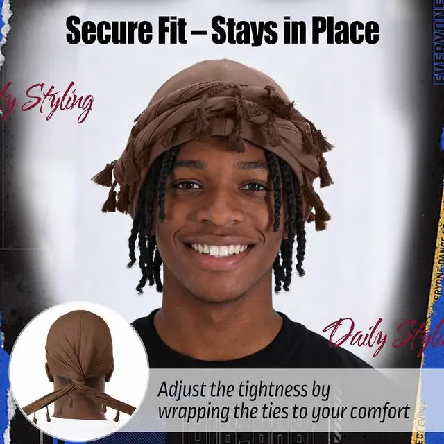 Alt view image 4 of 7 - Adjustable Tassel Satin Lined Turban for Men, Soft Head Wrap Durag Alternative for Hair Protection & Everyday Wear