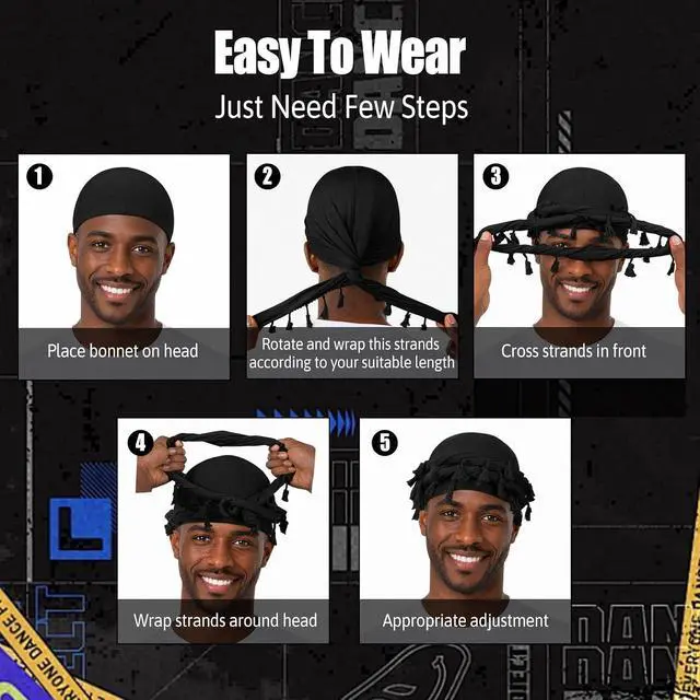 Alt view image 6 of 7 - Adjustable Tassel Satin Lined Turban for Men, Soft Head Wrap Durag Alternative for Hair Protection & Everyday Wear