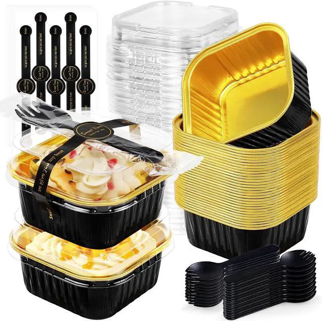 Main image of Square Mini Cake Pans with Lids, Aluminum Foil, Black Gold, ZOXILEN | 5oz Disposable Mini Baking Pans, with Individual Spoon Sticker, for Halloween Christmas Halloween Party 25Pack