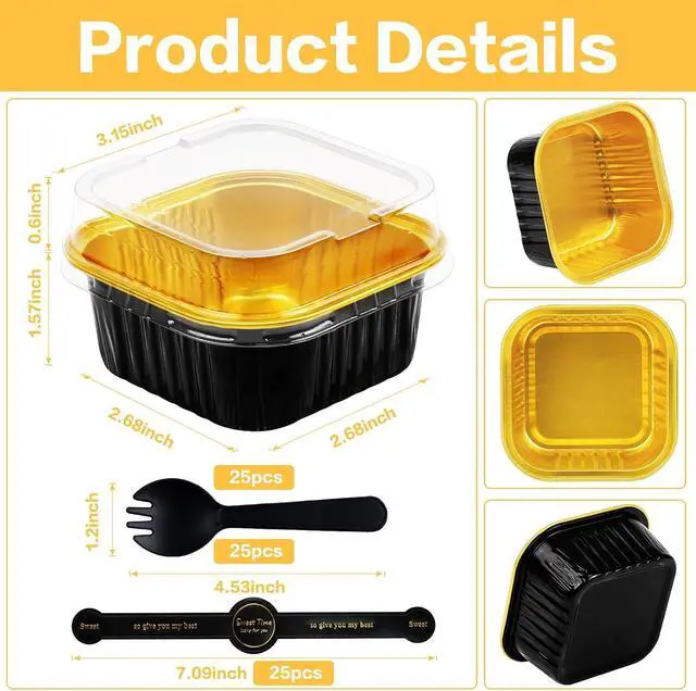 Alt view image 2 of 7 - Square Mini Cake Pans with Lids, Aluminum Foil, Black Gold, ZOXILEN | 5oz Disposable Mini Baking Pans, with Individual Spoon Sticker, for Halloween Christmas Halloween Party 25Pack