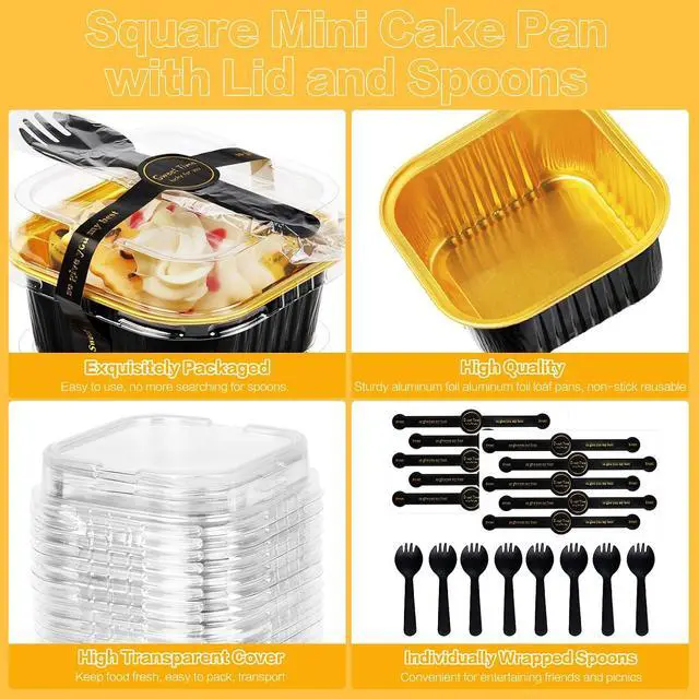 Alt view image 3 of 7 - Square Mini Cake Pans with Lids, Aluminum Foil, Black Gold, ZOXILEN | 5oz Disposable Mini Baking Pans, with Individual Spoon Sticker, for Halloween Christmas Halloween Party 25Pack