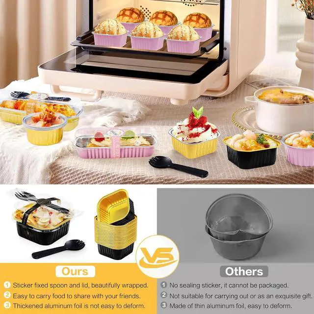 Alt view image 5 of 7 - Square Mini Cake Pans with Lids, Aluminum Foil, Black Gold, ZOXILEN | 5oz Disposable Mini Baking Pans, with Individual Spoon Sticker, for Halloween Christmas Halloween Party 25Pack