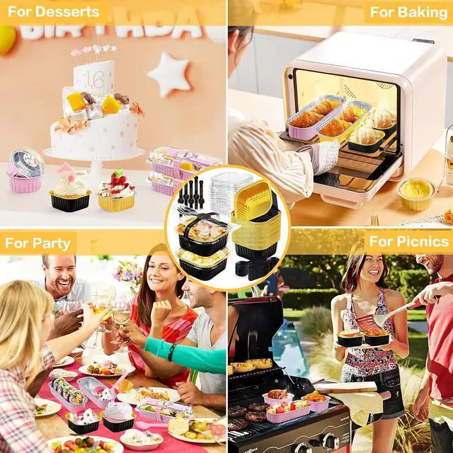 Alt view image 7 of 7 - Square Mini Cake Pans with Lids, Aluminum Foil, Black Gold, ZOXILEN | 5oz Disposable Mini Baking Pans, with Individual Spoon Sticker, for Halloween Christmas Halloween Party 25Pack