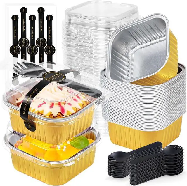 Main image of Square Mini Cake Pans with Lids, Aluminum Foil, Gold, ZOXILEN 25Pack | 5oz Disposable Mini Loaf Pans, With Individual Spoon Sticker, for Halloween Christmas Halloween Party